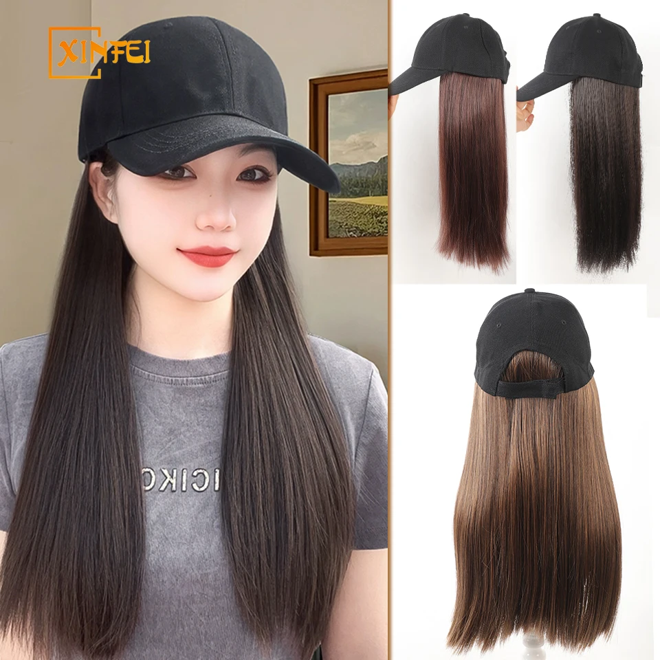 

Long Straight Synthetic Wig Baseball Black Cap With Hair Extensions Hat Wigs Natural Black Connect Wig Adjustable For Women