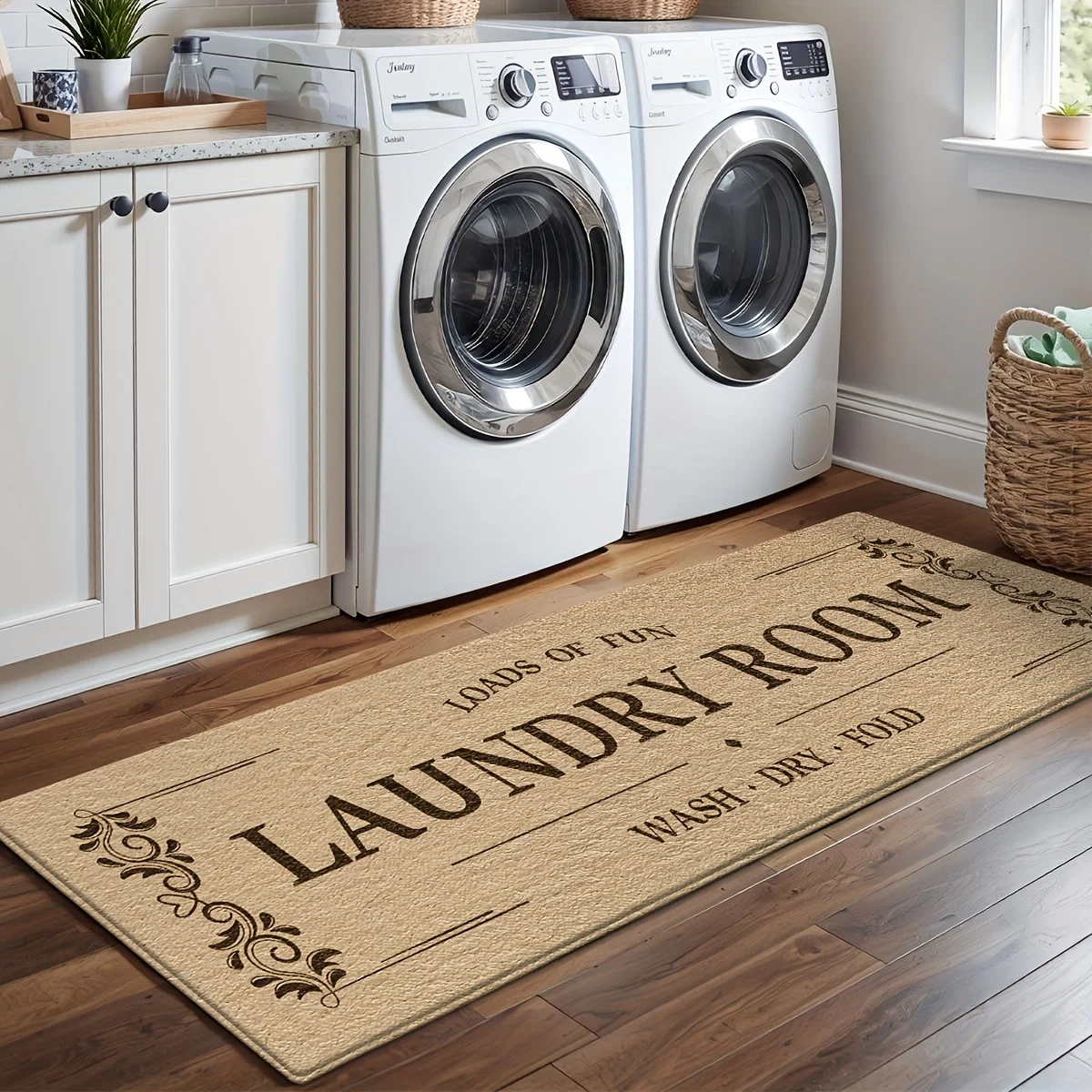 Vintage Laundry Runner Mat Anti Slip Washable Beige Floral Frame Wash Dry Fold Decor Rug for Laundry Bedroom Balcony Hall Floor