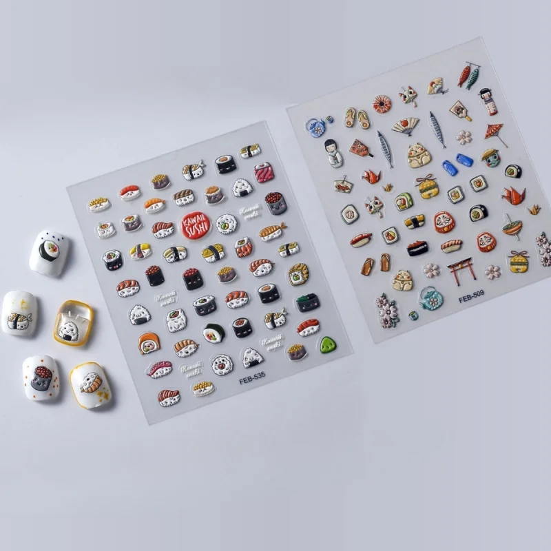 

2pcs 3D Sushi Nail Stickers, Japanese Food Theme Embossed Nail Art Decals for Fake Nails & Press-On Nails
