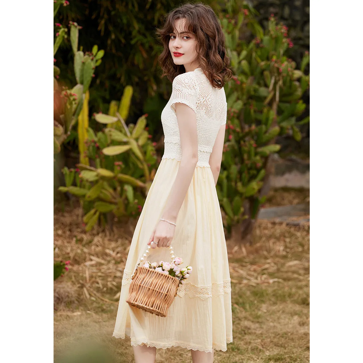 LOUIS YAO Women Dress Elegant Lace V Neck Short Sleeve 2024 Summer A-LINE Slim Fit Long Apricot Dress