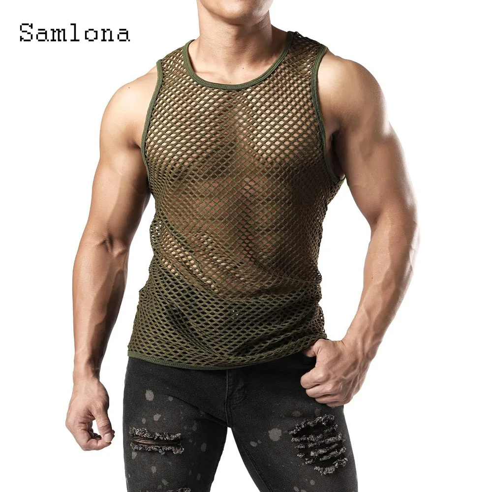 2024 Mens Fashion Hollow Out Tank Tops Sexy Grunge Lingerie Solid Fetish Soft Guaze Vest Summer Casual Beach Thin Mesh Tshirt