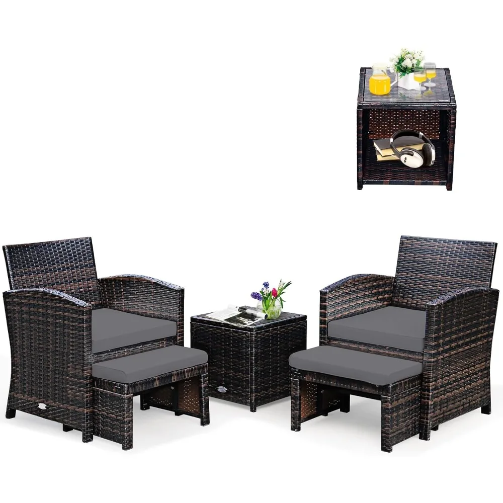 

5 Pieces Patio Rattan Furniture Set, Outdoor Conversation Set with Cushioned Chair & Ottoman & Tempered Glass Coffee Table