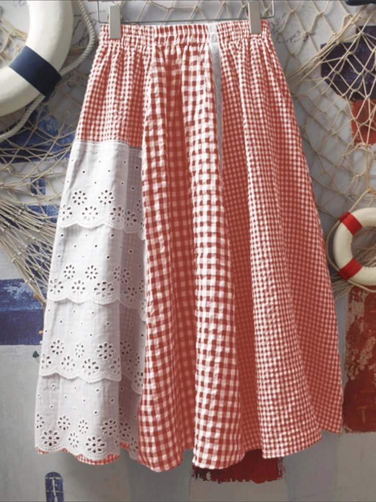 ZANZEA bohème Plaid Jupes femmes longues Maxi Jupes 2025 mode dentelle Patchwork décontracté fête taille élastique Jupes Faldas Saia
