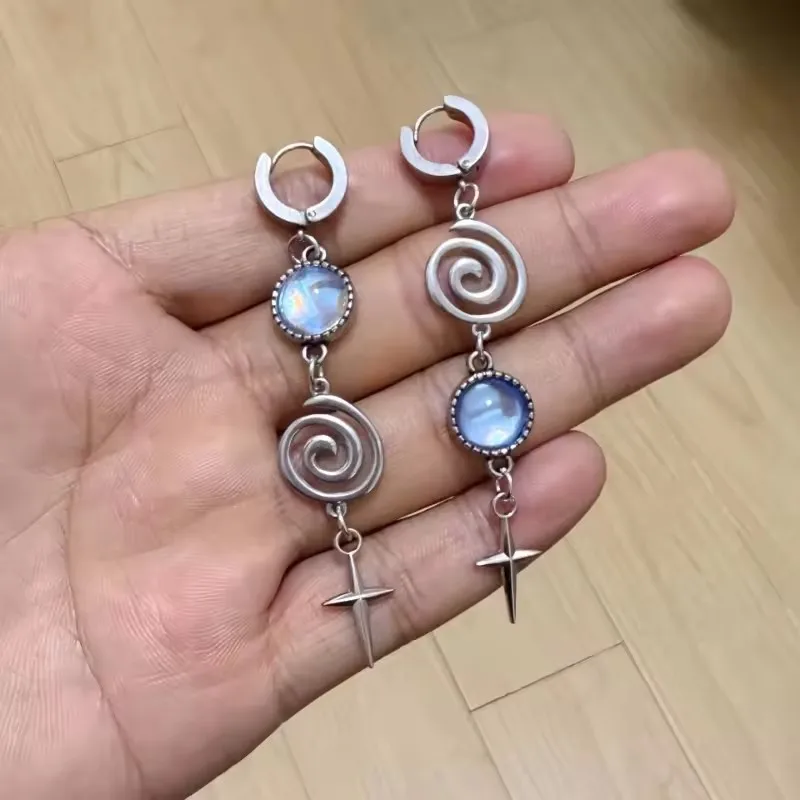 Punk Spiral Vortex Starlight Moonstone Cross Long Tassel Dangle Pendant Earrings For Women Men Y2K Charm Accessories Jewelry