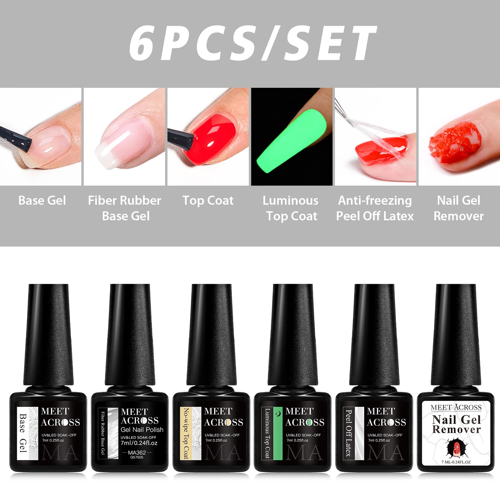 พบกับข้าม 6 ชิ้นอเนกประสงค์เจลเล็บชุดฐานเจล Top Coat Glow in Dark Top Coat เล็บเจล Remover Kit เจลที่มีสีสัน