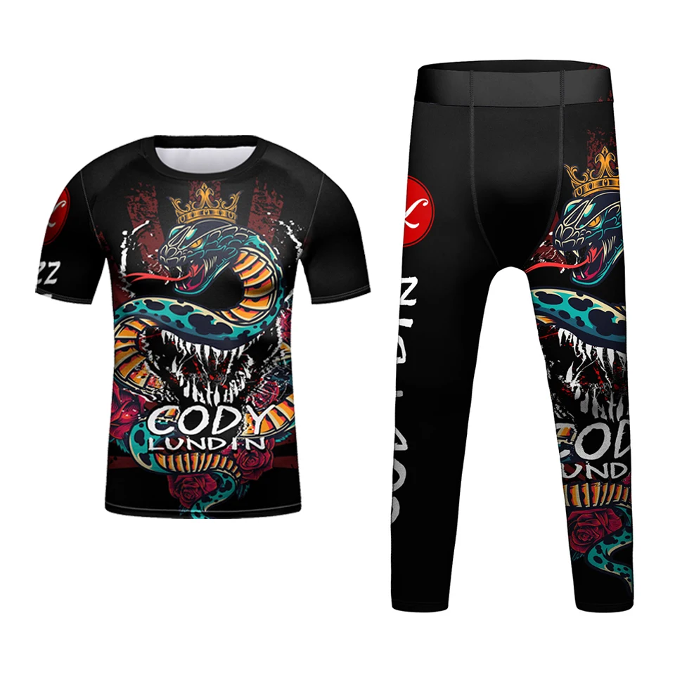 Nowy Jiu Jitsu t-shirt + spodnie Rashguard MMA dla dzieci 4 sztuk/zestaw Bjj koszulki bokserskie sportowe rajstopy uciskowe spodenki Muay Thai