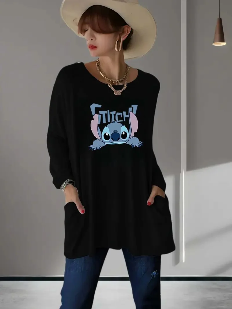حجم كبير المرأة ديزني غرزة طباعة موضة الخامس الرقبة طويلة الأكمام تي شيرت السيدات عادية بسيطة تي شيرت 2026 #6