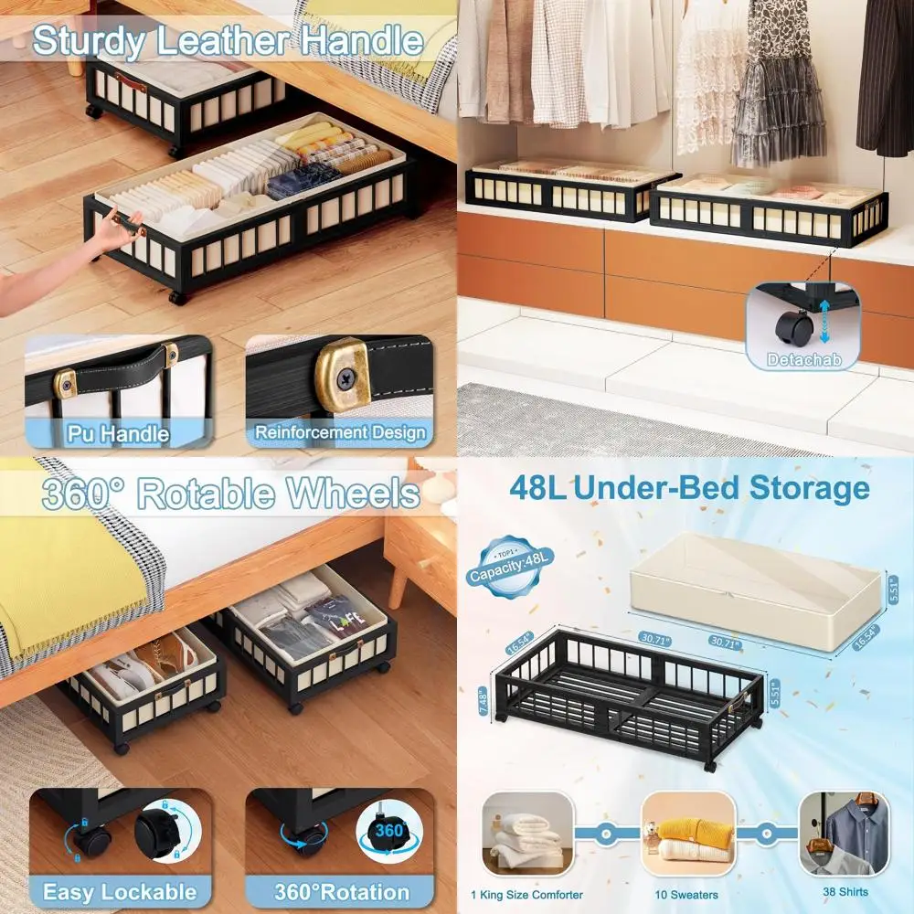 

Double Rolling Bamboo Underbed Storage Baskets with Large Dustproof Bags for Bedroom, Dorm, and Basement - Black