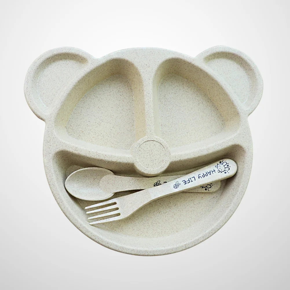 

3Pcs Set Kids Wheat Straw Bear Shape Divided Plate Spoon Fork Baby Tableware Eco Tray Dining Tray