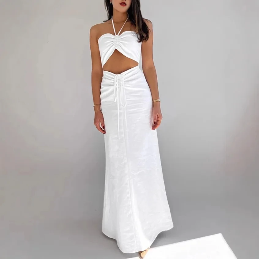 

2026 Summer New Holiday Style Halter Neck White Sleeveless Drawstring Waist Cinching Sexy A Line Long Dress Women Dress