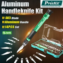 Pro'skit PD-398 set di coltelli da intaglio artistico fatti a mano 13 lame + 1 manico in lega di alluminio modello di riparazione bisturi per la riparazione del telefono