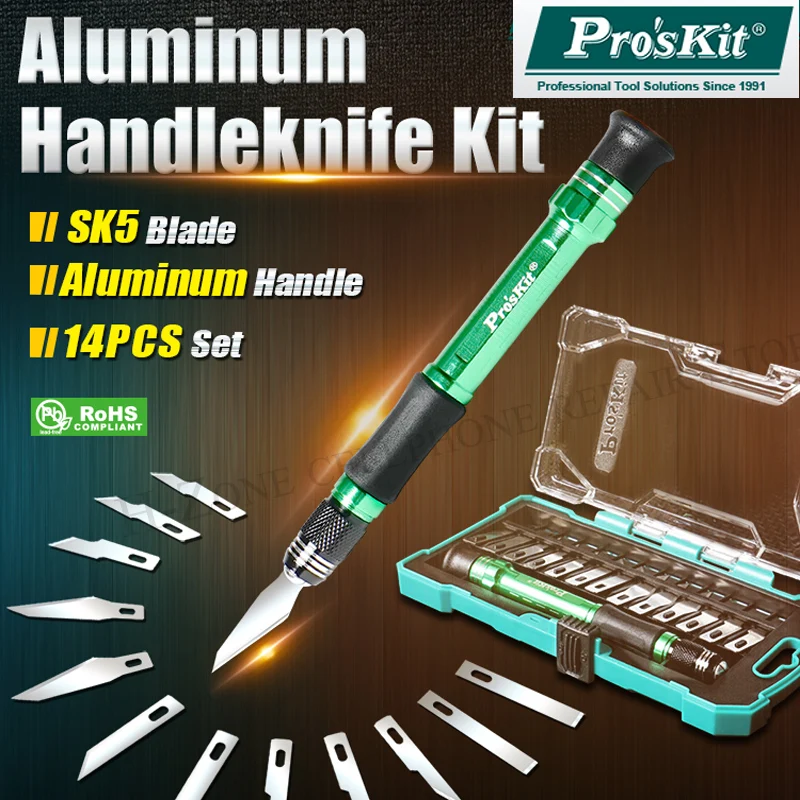 Proskit-handmade Art Carving Knife Grupo Repair Modelo Cortadores de Bisturi Phone Repair 13 Blade Aluminum Alloy Handle Pd398