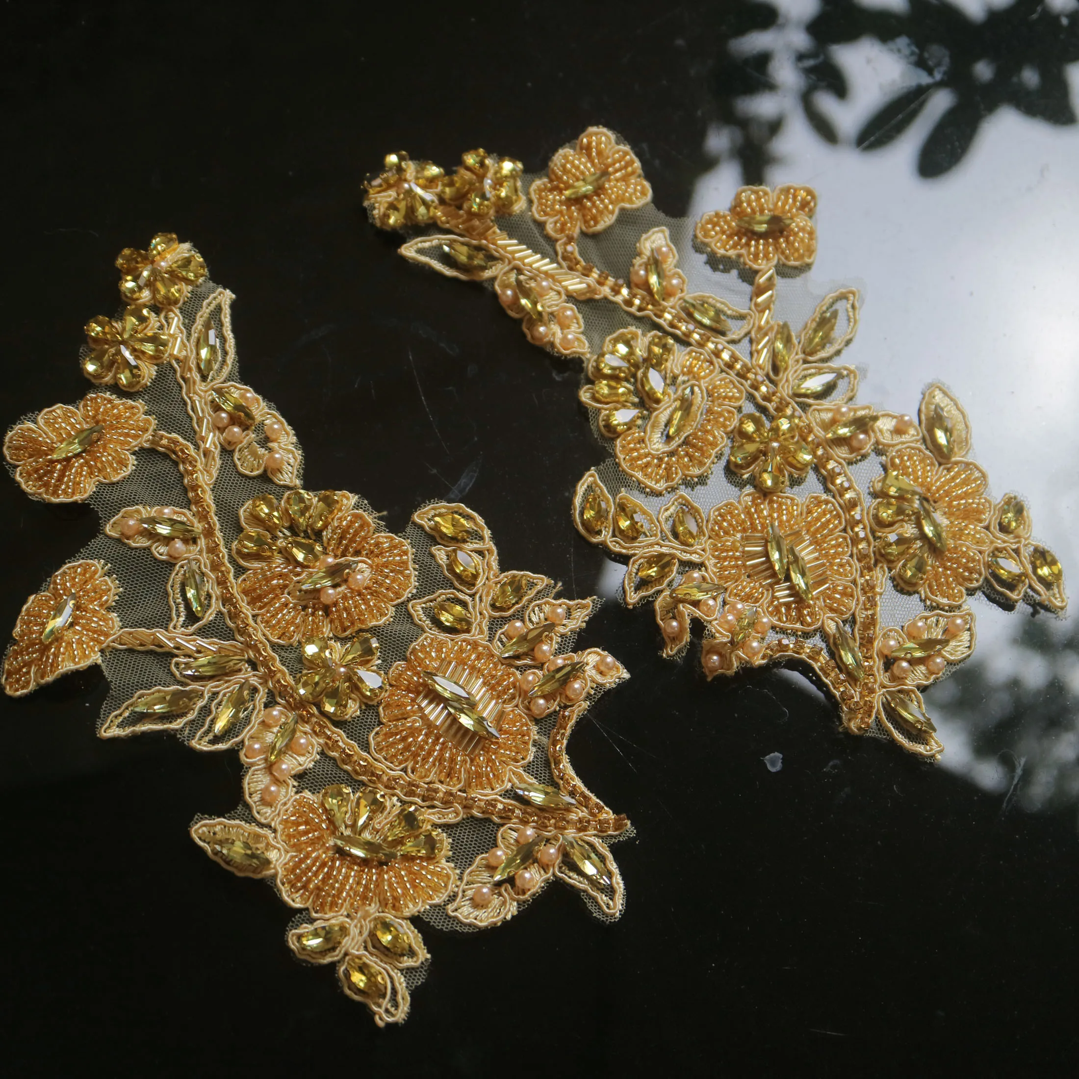 2pc/set Luxury Rhinestone patches for clothing DIY beaded  lace appliques  wedding dress waist band decoration  head scraf