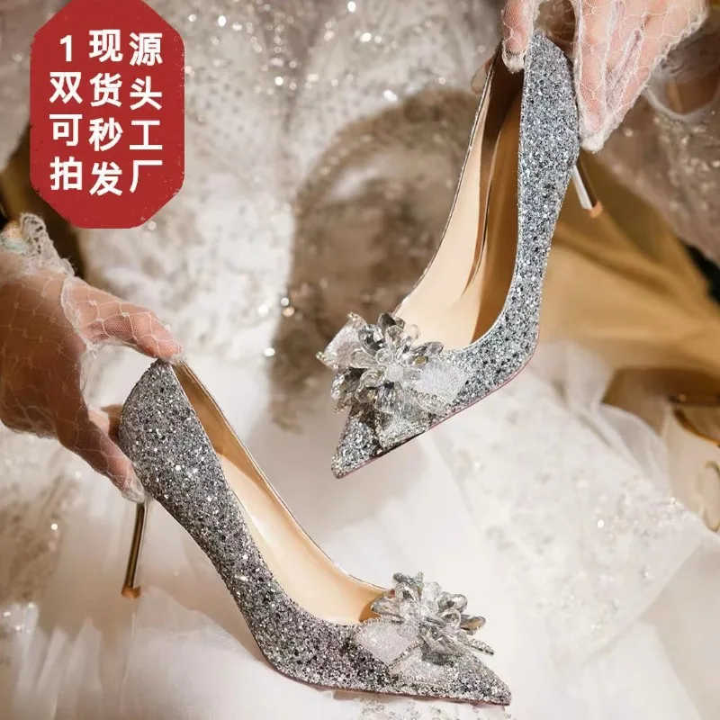 

2025 autumn and winter new French crystal silver high heels pointed sequins bow high heels women