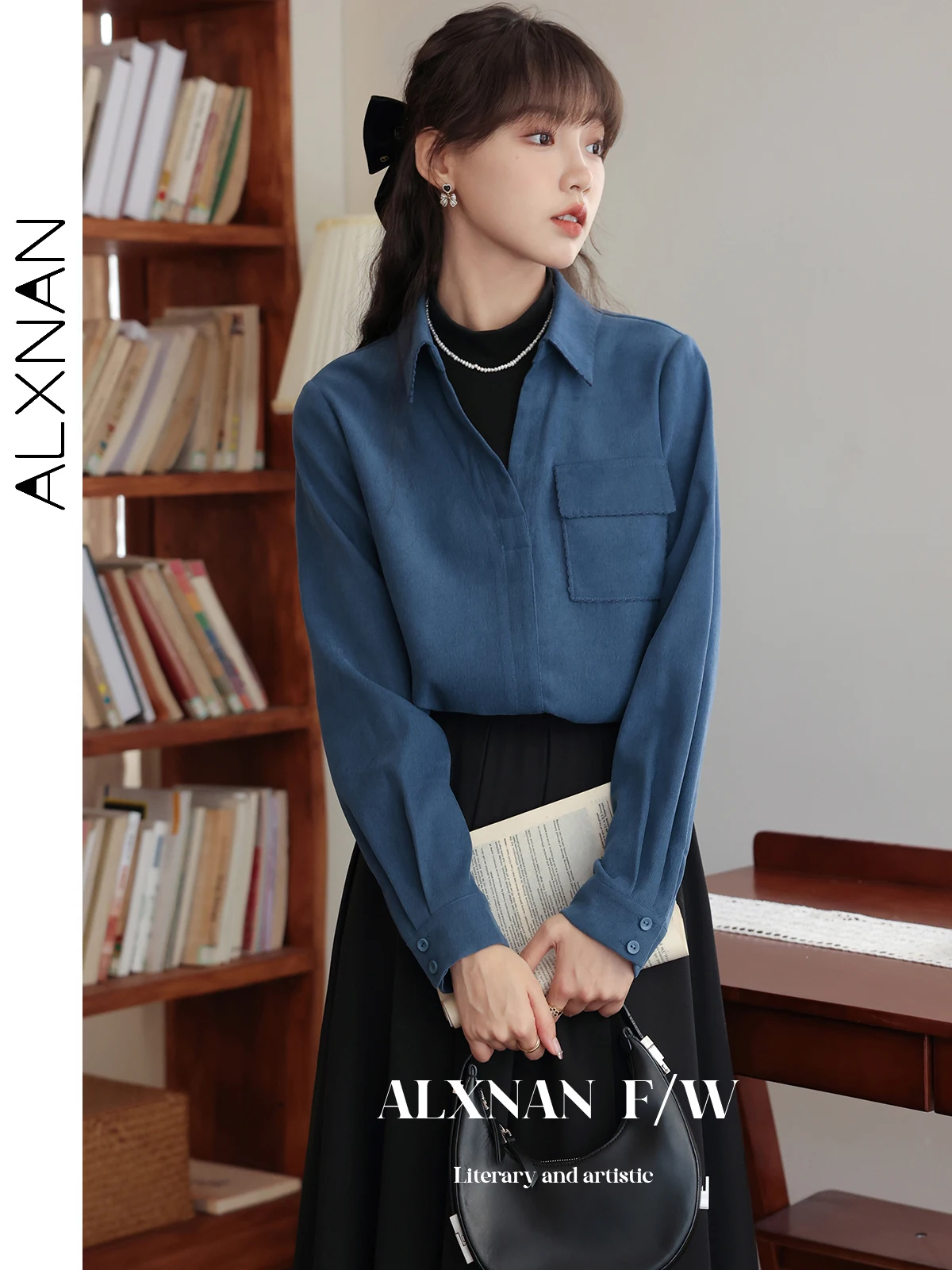 

ALXNAN Blue Fake Two Piece Blouses Women Fashion Polo Collar Shirt 2025 Fall Female Vintage Office Lady Pullover Shirt LXN27338