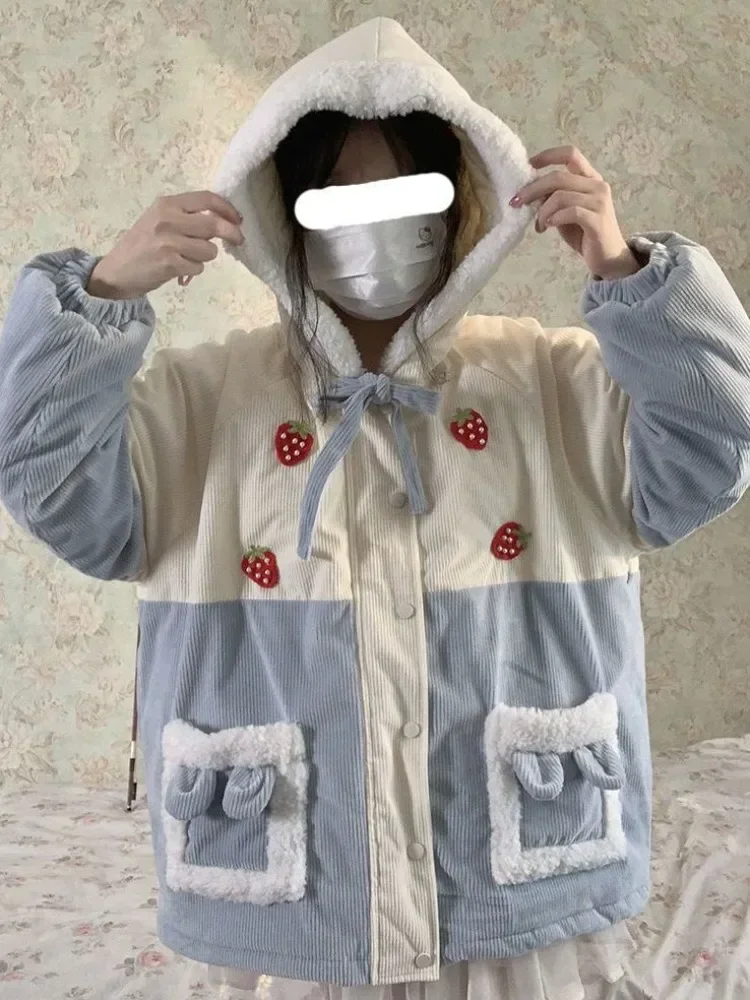

Japanese Sweet Corduroy Parkas Women Kawaii Y2k Strawberry Embroidery Hooded Outwear Female Autumn Winter Plush Warm Coat