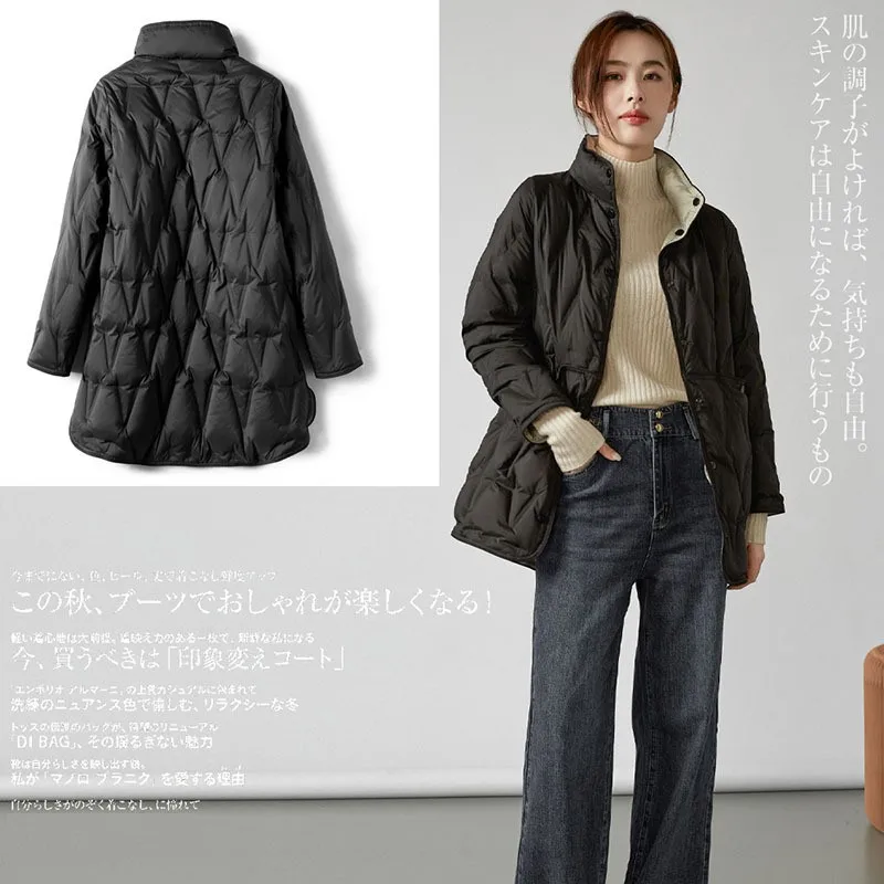 Mid Length Long Sleeves Coat with Regular Fit and Two Way Reversible Design for Women Winter Puffer Jacket in Commuter Style