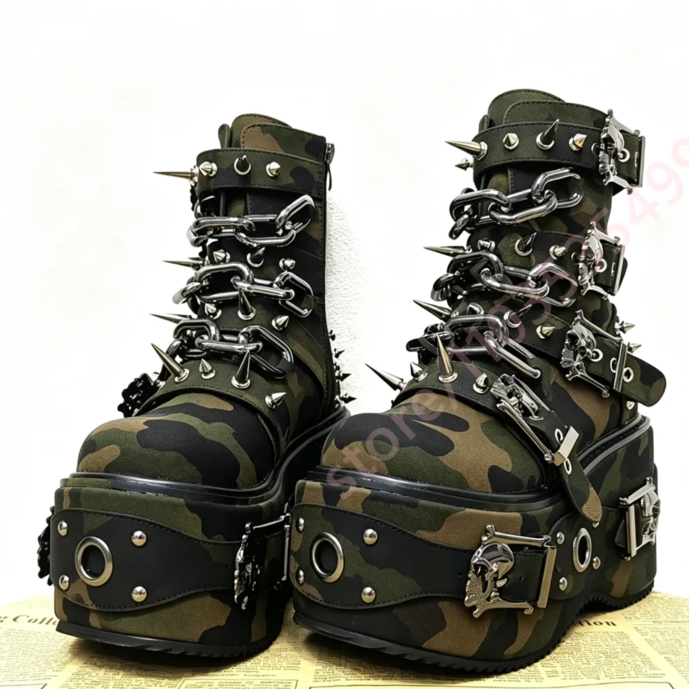 2026 Gothic Platform Ankle Boots Rivet Spike Buckle Strap Thick Sole Punk Rock Fashion Cosplay Party Streetwear Mid Calf Boots