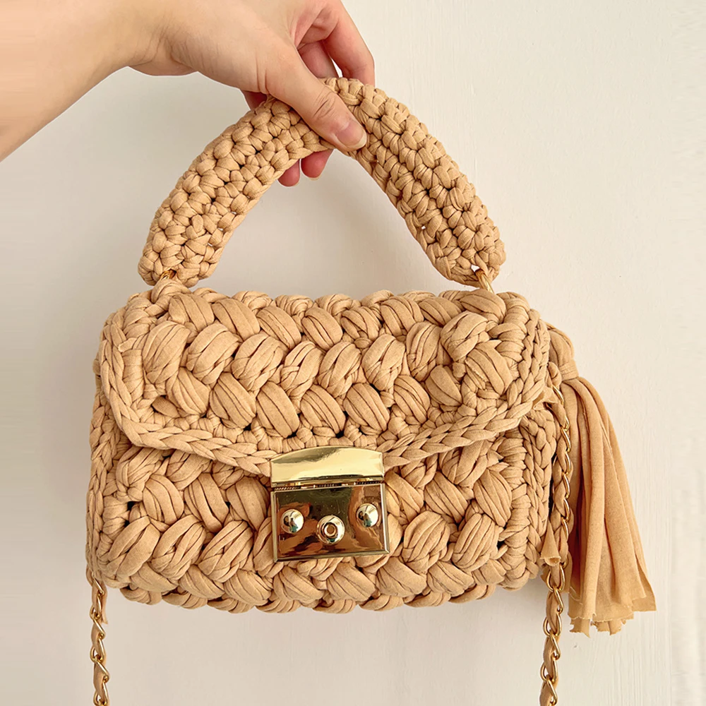 Handmade Woven Women's Handbag Tassel Knitting Wool Shoulder Bag Designer Crochet Crossbody Bags for Women Color Yarn Purses New