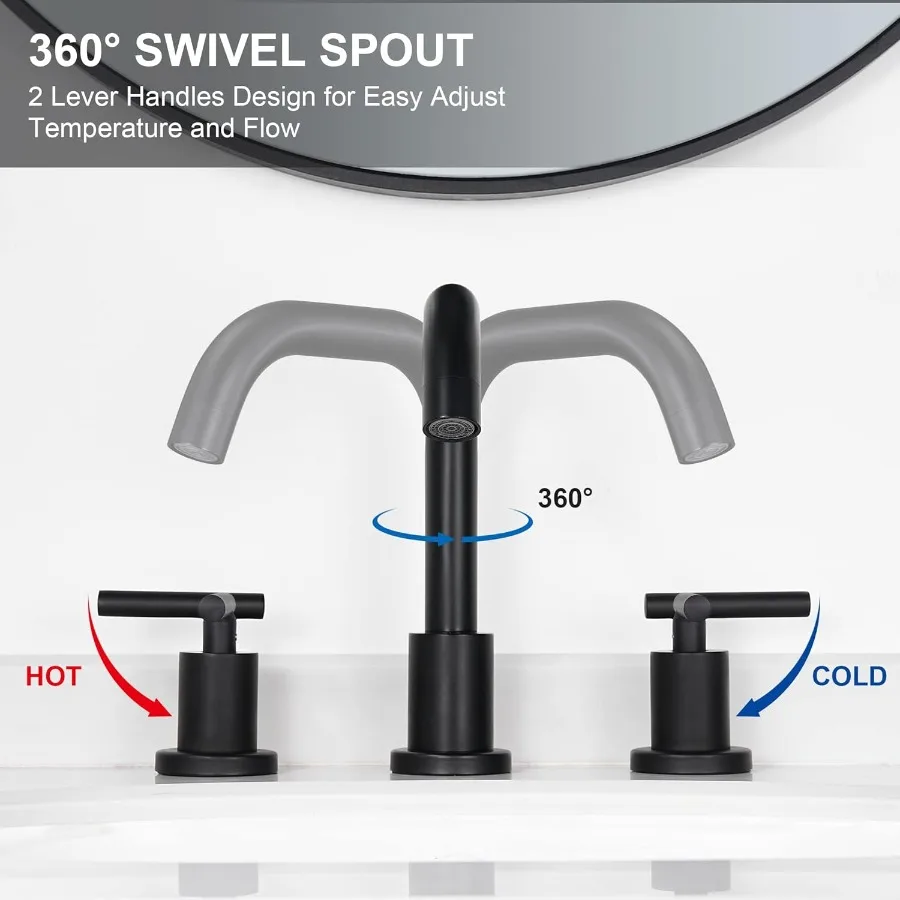 Black Bathroom Faucet 3 Holes - Two Handles Widespread 8 inch Bathroom Sink Faucet 3 Pieces Basin Faucets 360 Degree Swivel Spo