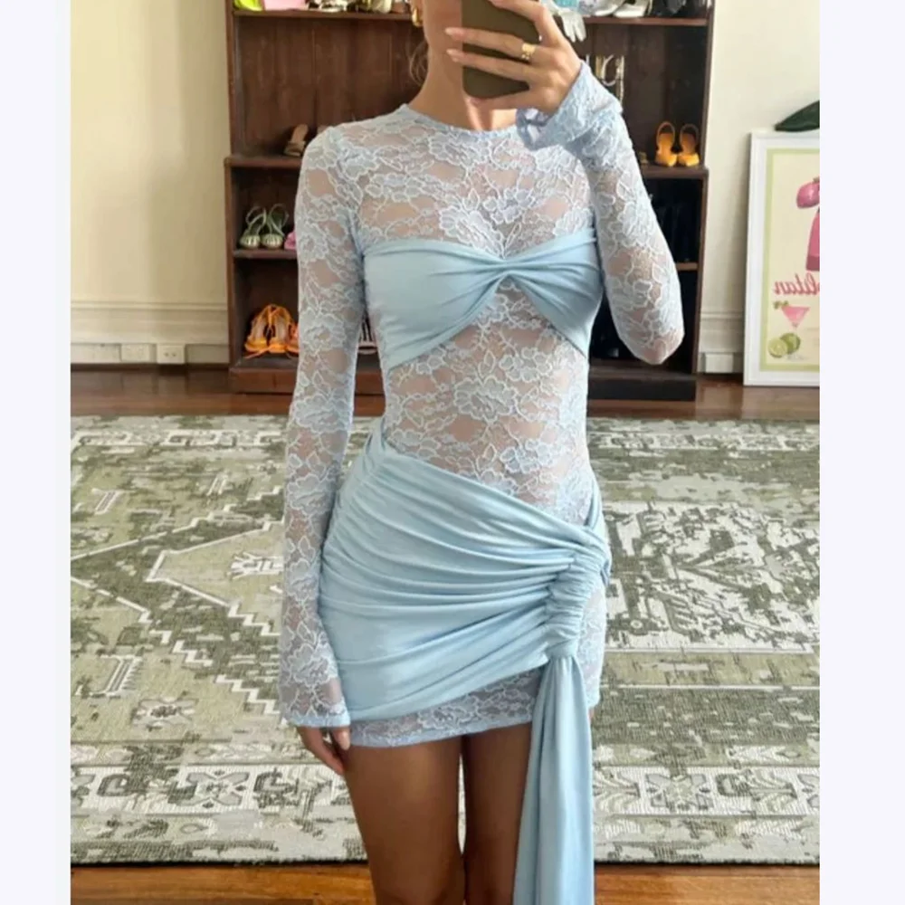 

Customized Mini Prom Dress O Neck Full Sleeves Pleat Mermaid Lace Women's Evening Party Dresses Formal Gown Robes De Soirée