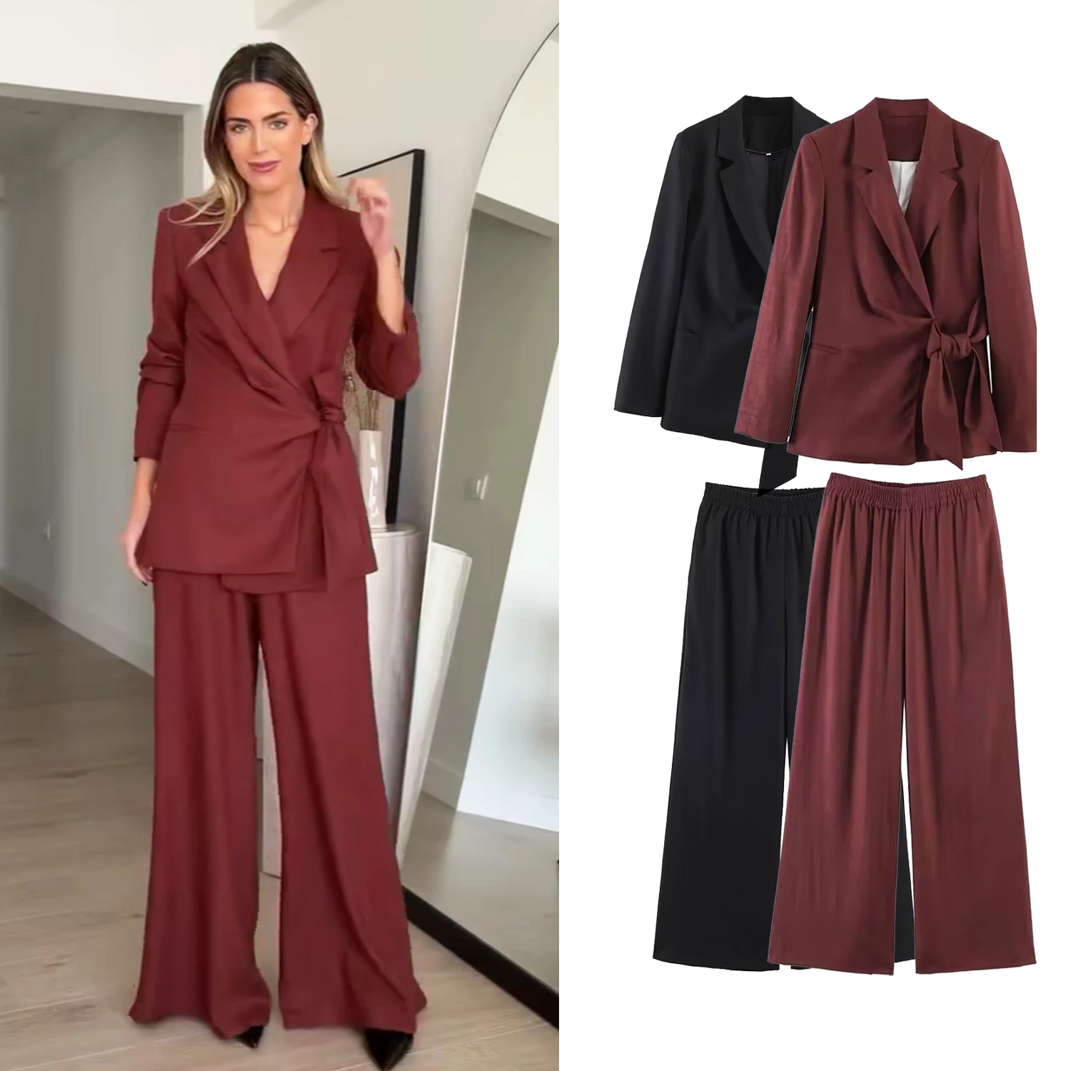 Conjuntos de Blazer y Pantalones Largos para Mujer o Chaqueta Blazer Chic con Cordones para Primavera o Pantalones Anchos Casuales para Dama
