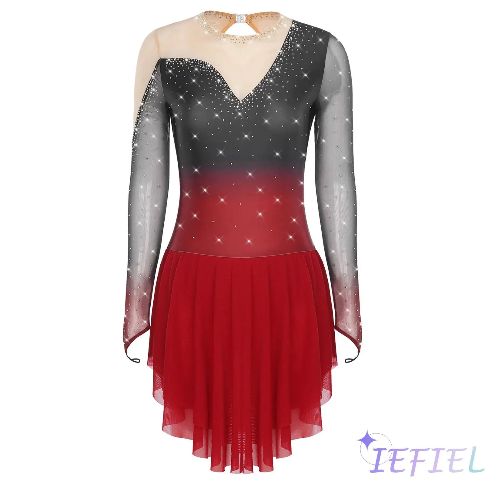 

Womens Gymnastics Jazz Dance Leotard Dress Glittery Gradient Mesh Inserts Built-in Underwear Dance Outfit Latin Jazz Dancewear