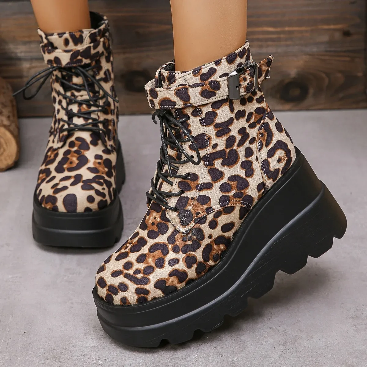 2024 Ladies Shoes Large Size Ankle Women\'s Boots High Heel Modern Boots Women Leopard Side Zip Front Lace-up Wedge Female Shoes