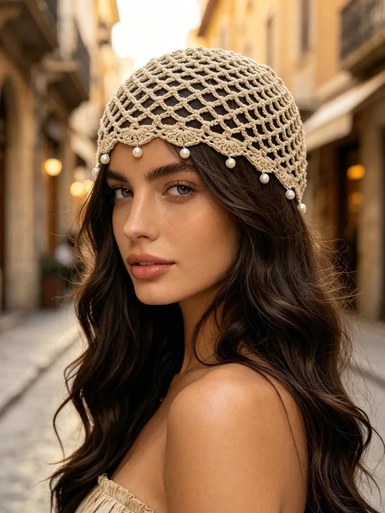 Elegant Street Solid Color Faux Pearl Tassel Hollow Knit Beanie Hat Crochet Openwork Ethnic Sophisticated Headwear Accessory