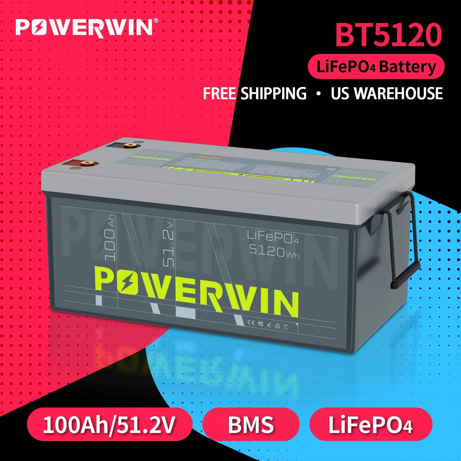 POWERWIN BT5120 LiFePO4 Battery Built-in BMS Deep Cycles Solar Rechargeable 51.2V 100Ah 5120Wh Durable Solar Generator