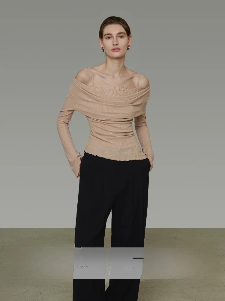 

Slim Fit Lace Splice Knitted Top Women's Spring Design Casual Breathable Long Sve Faionable Body a Blouse