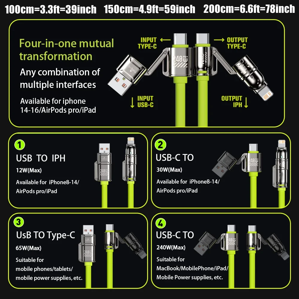 Cable de carga rápida 4 en 1 de silicona de 240W para IPhone 17 16 15 14 13 12 11 Pro Max para Samsung S25 S24 S23 para LG para Oppo