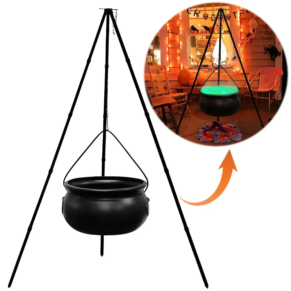 Halloween Party Decorations Large Witches Cauldron on Tripod with String Lights Black Plastic Bowl for Halloween Home Decoration