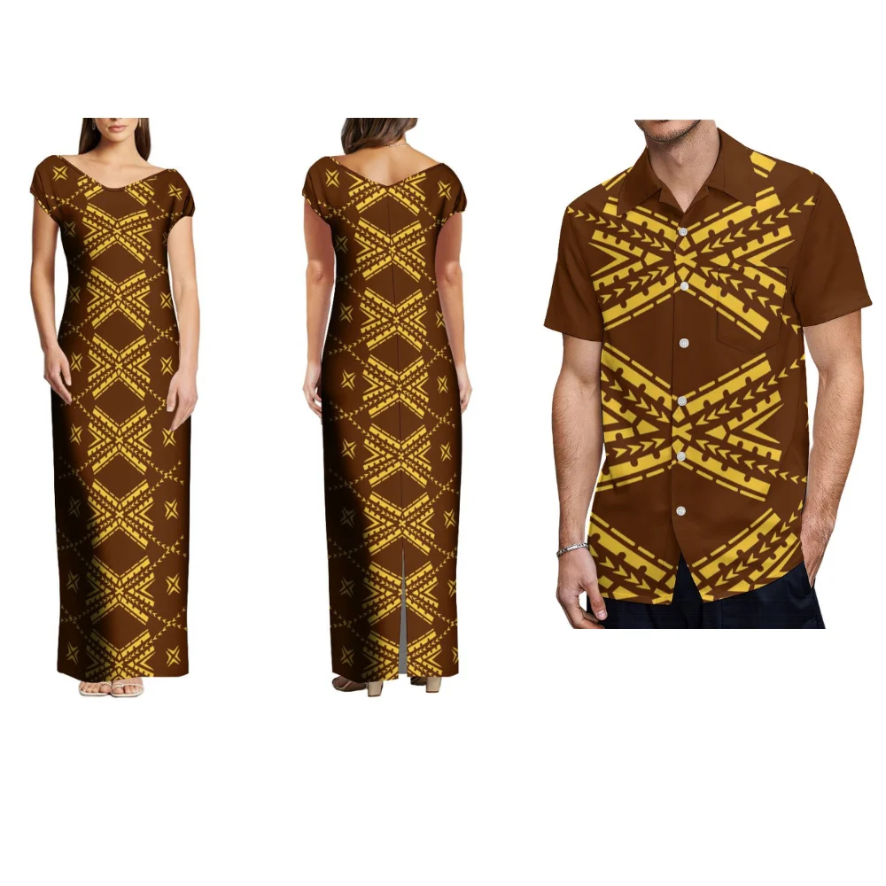 

Samoa Club Couple Suit Men'S Shirt 2024 Polynesian Tribal Print New V-Neck Temperament Dress Slit Sexy Elegant Long Dress