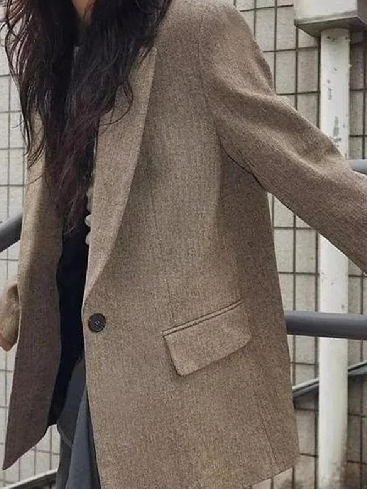 Nowa Kolekcja Jesień Zima Damska Elegancka Marynarka Jednorzędowa Długa Casualowa z Klasycznym Kołnierzem, Zapinana na Jeden Guzik, Kolor Niebieski