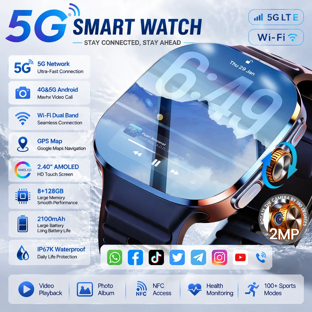 Neue 4G/5G Anruf-Smartwatch 8+128GB Speicher Google Maps App-Download 2MP Kamera Videoanruf 2100mAh Herren AMOLED 720P HD Smartwatches