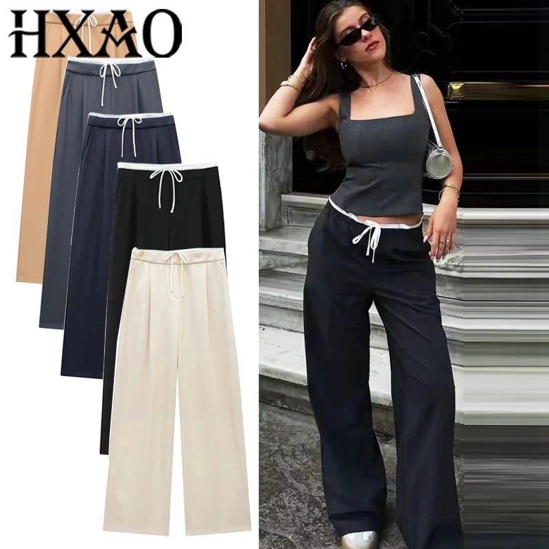 HXAO, pantalones de mujer, pantalones holgados de verano para mujer, pantalones negros informales plisados, pantalones fluidos con cordones para oficina, pantalones Boxer grises para mujer
