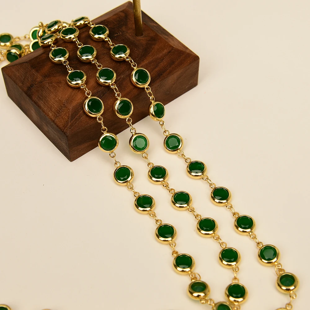 APDGG 1 Meter Bezel Set 7mm Green CZ Yellow Gold Plated Copper Fashion Chain Paperclip Neck Chain Pearl Jewelry Making DIY