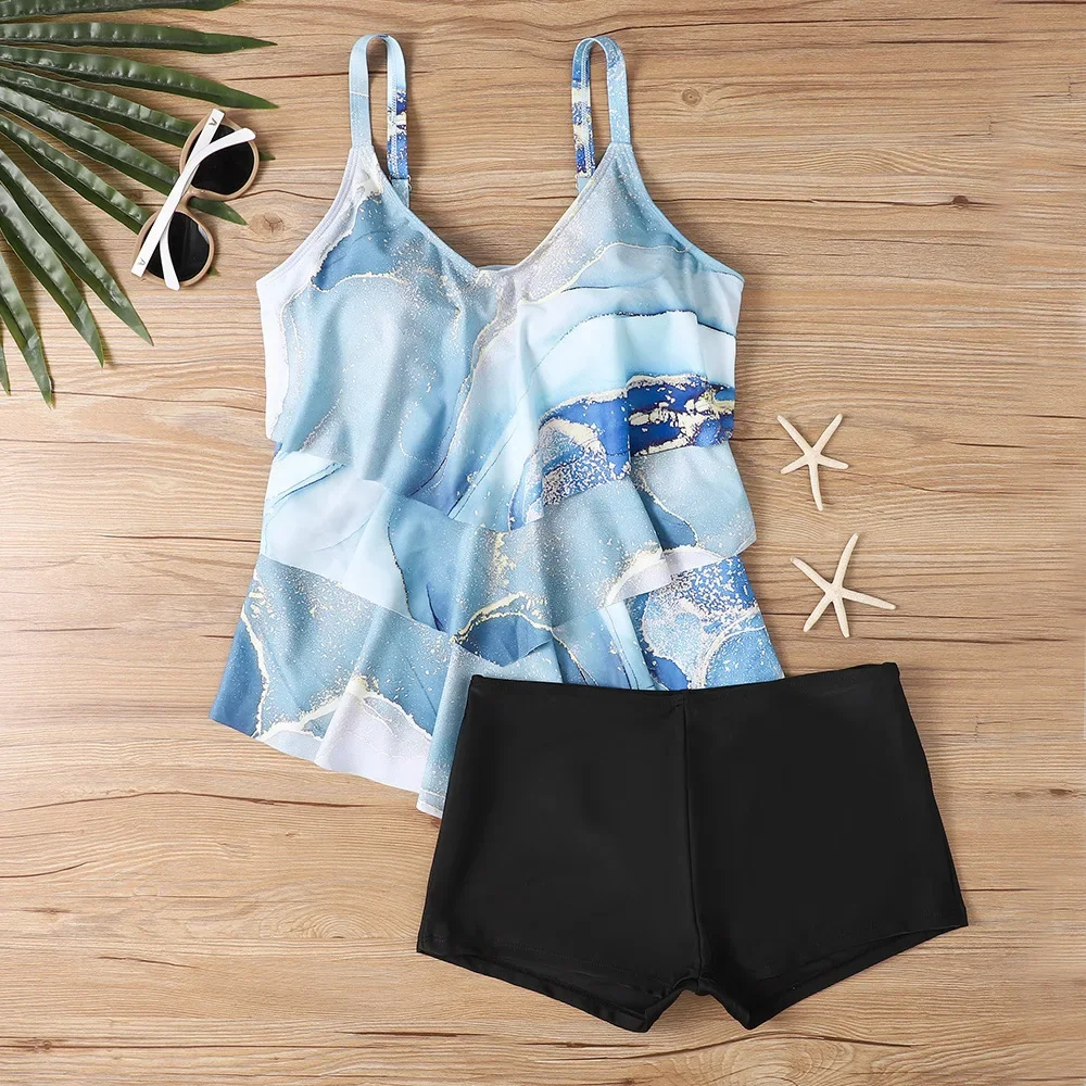 2025 Set Tankini con stampa floreale Donna Costumi da bagno a due pezzi Costume da bagno sexy con volant Halter Biquini Boxer Costume da bagno a vita alta