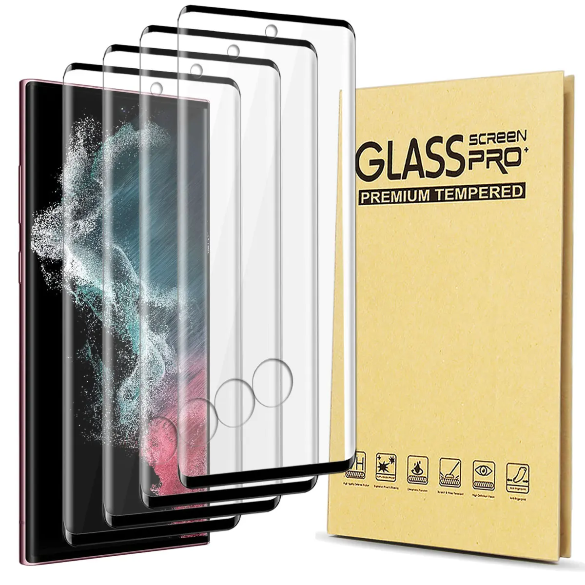 4-Pack For Samsung Galaxy S22/S22 Plus/S22+/S22 Ultra 5G Case Friendly Full Coverage Clear Tempered Glass Screen Protectors