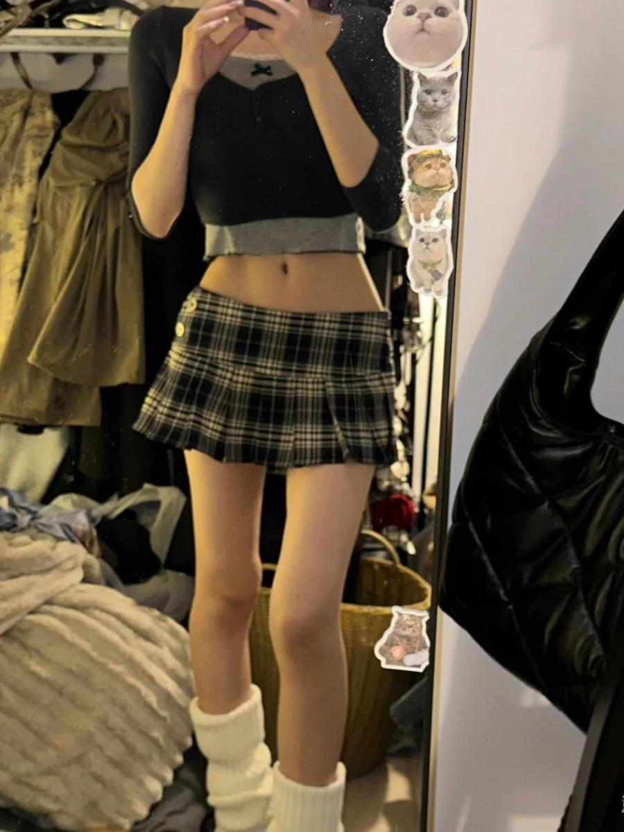 

Женская клетчатая юбка с низкой талией в американском стиле ретро, лето 2022, Новое поступление, плиссированная юбка трапециевидной формы с удлиняющими ногами