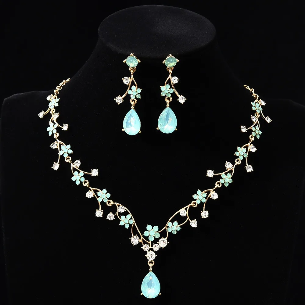 حجر الراين قطرة الماء مجموعات مجوهرات الزفاف لامعة قابل للتعديل مجموعات مجوهرات رائعة الذهبي اليدوية المختنق قلادة القرط مجموعة #1