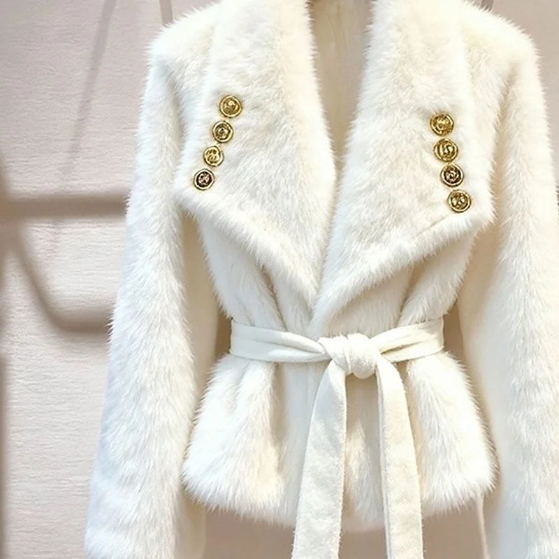 Fashion White Plush Jacket for Women Autumn Winter Furry Warm Jacket 2026 New High End Pinch Waist Strap Short Top Outwear