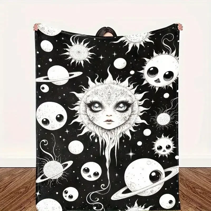 Versatile Vintage Celestial Art Blanket Printed Polyester Knitted Blanket for All Season Warmth Travel and Home Decor Gothicism