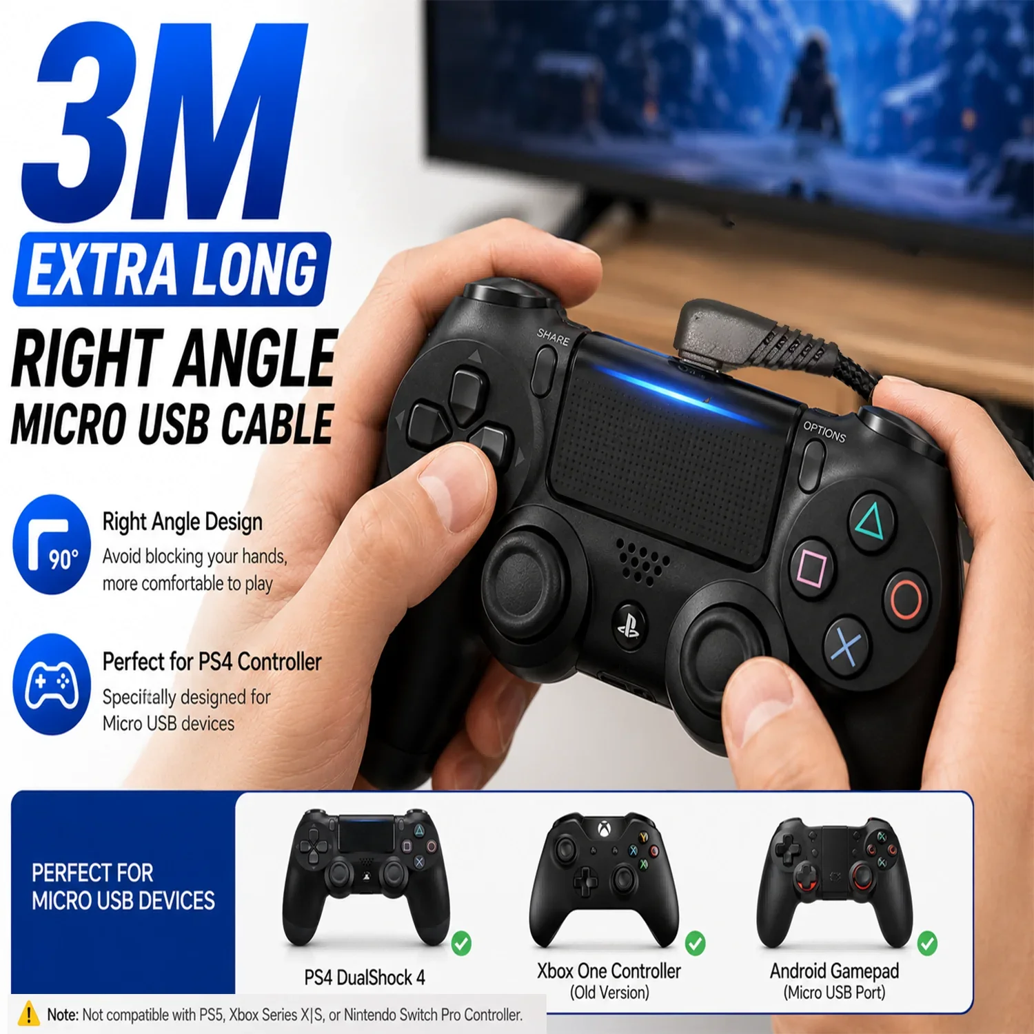 Right Angle Micro USB Cable 3M Extra Long, 3A Fast Charging Braided Charger for PS4 DualShock 4, Speaker, GPS, Android Box view 2