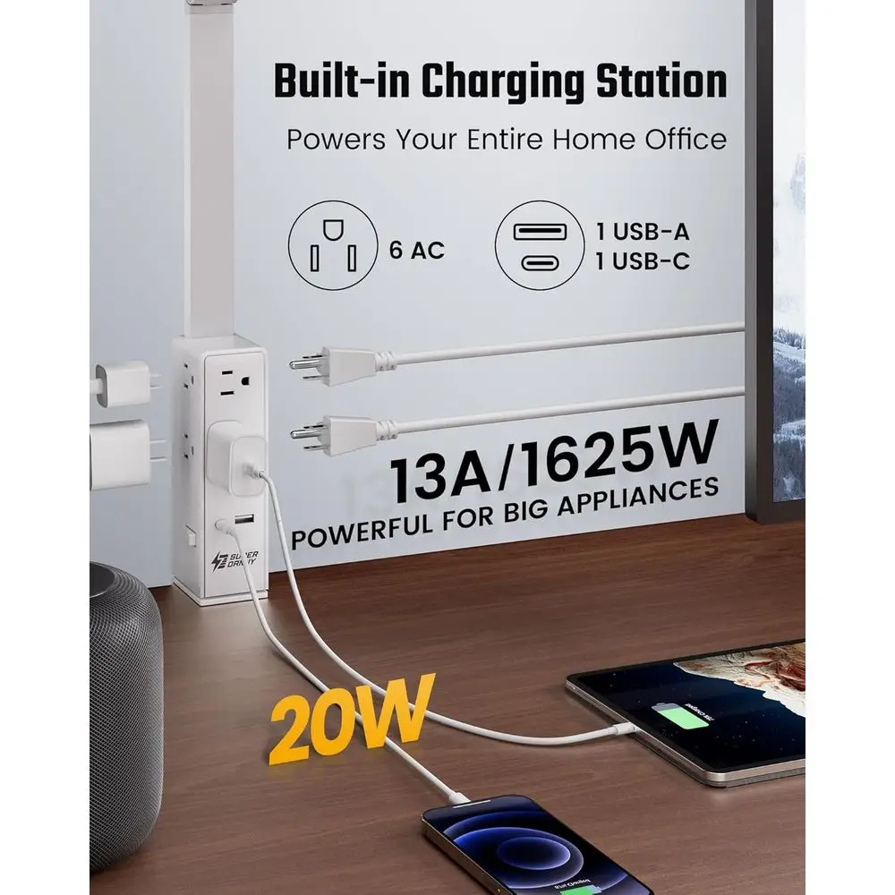 LED-klem bureaulamp met 6 stopcontacten, USB en Type-C, instelbare helderheid, 5 kleurmodi voor gebruik in thuiskantoor