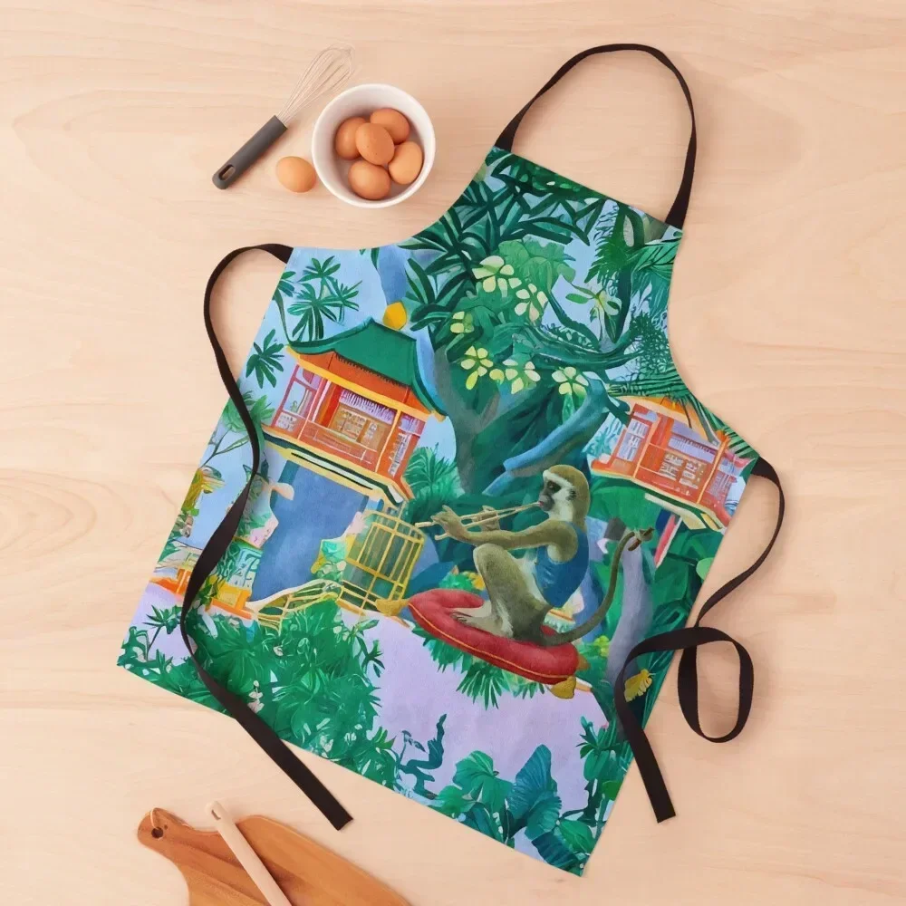 Chinoiserie monkey playing flute in hanging gardens Apron carpenter Kitchens Accessories Apron