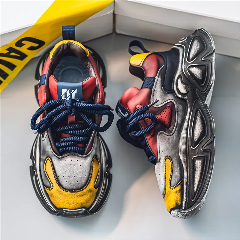 أحذية رجالية جديدة عالية الجودة ذات نعل سميك وأربطة أحذية رياضية فاخرة ومريحة مع ربط من الجلد