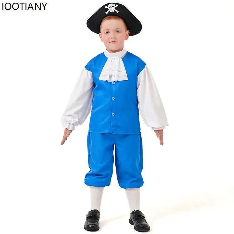 

Halloween Boy Pirate Captain Jack Cosplay Costume Medieval Kids Navigator Blue First Mate Sailor Outfit Carnival Party Stage Set