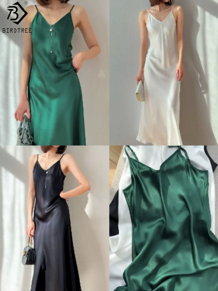 Sukienka Birdtree Summer 21MM, 100% jedwab, damska, gładka satyna, bez rękawów, dekolt w serek, krój asymetryczny, jednolity kolor, nowość 2025 D56425JF